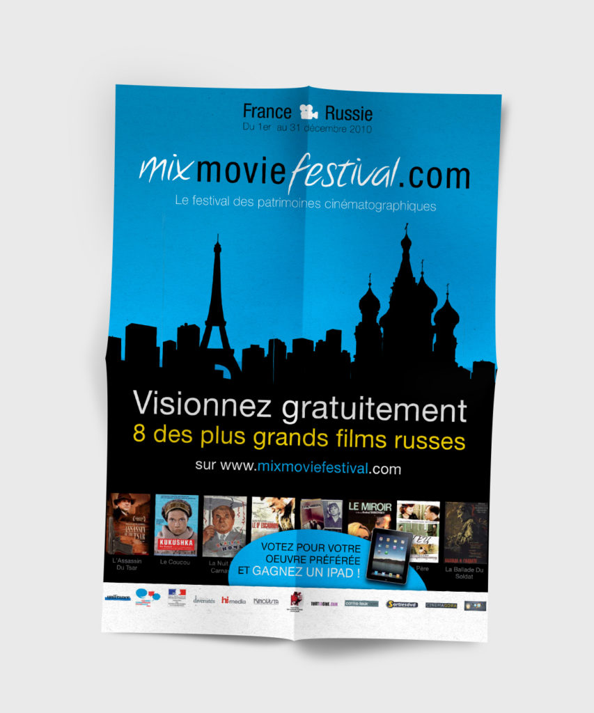 Affiche, flyer, communication MixMovieFestival, le festival des patrimoines cinématographiques. Une sélection de grands classiques du cinéma Russe et Français.