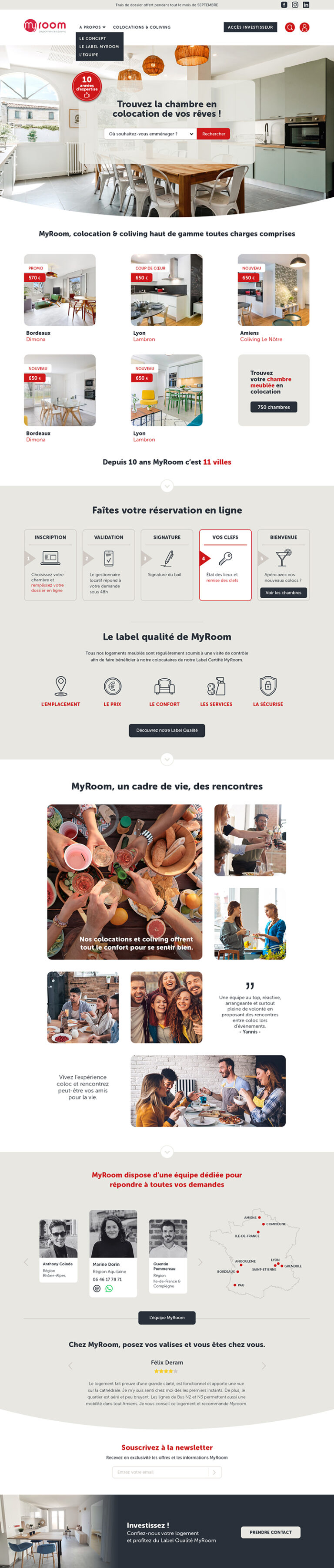 Refonte du site MyRoom, proposant des résidences en colocation meublée & coliving dans les grandes villes de France. Design graphique des pages et réflexion sur le parcours de réservation.