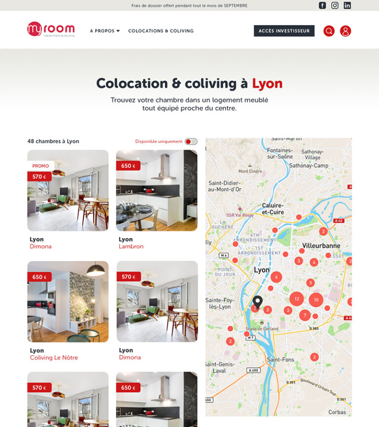 Refonte du site MyRoom, proposant des résidences en colocation meublée & coliving dans les grandes villes de France. Design graphique des pages et réflexion sur le parcours de réservation.